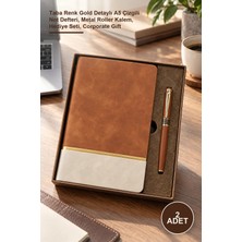 Yenilig 2 Adet Termo Deri Defter – Taba Renk Gold Detaylı A5 Çizgili Not Defteri, Metal Roller Kalem, Hediye Seti, Corporate Gift