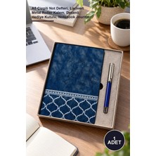 Yenilig 1 Adet Mavi Termo Deri Defter ve Metal Roller Kalem Seti – A5 Çizgili Not Defteri, Lacivert Metal Roller Kalem, Desenli Hediye Kutulu, Notebook Journal