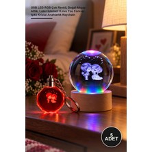 Yenilig 5 Adet Sevgililer Temalı Işıklı Kristal Cam Küre – USB LED Rgb Çok Renkli, Doğal Ahşap Altlık, Lazer Işlemeli I Love You Forever, Işıklı Kristal Anahtarlık Keychain