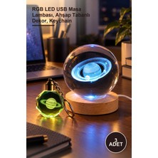 Yenilig 3 Adet Işıklı Satürn Kristal Cam Küre ve Anahtarlık Seti – Rgb LED USB Masa Lambası, Ahşap Tabanlı Dekor, Keychain