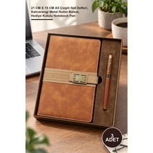 Yenilig 3 Adet Taba Termo Deri Defter – 21 cm x 15 cm A5 Çizgili Not Defteri, Kahverengi Metal Roller Kalem, Hediye Kutulu Notebook Pen
