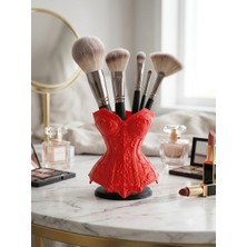 Rain Craft 3D Korse Tasarımlı 3D Özel Tasarım Makyaj Fırçalık - Kırmızı Dantel Detaylı Masaüstü Fırça Standı ve Organizer