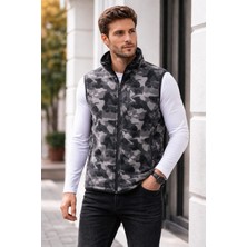 Bizim Terzi Gri Siyah Kamuflaj Polar Yelek 3 Cepli Tam Fermuarlı Slim Fit Anti Pilling Tüylenme Yapmaz. Hava Geçirmez