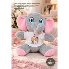 Yenilig 3 Adet Peluş Fil – Gelin Damat Baskılı Tişörtlü Sevimli Peluş Oyuncak Düğün Hediyesi Nişan Hatırası 25 cm Gri Pembe Plush Elephant