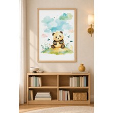 Tontilika Çimen Tepede Panda Pastel Gökyüzü Ahşap Çerçeveli Duvar Tablosu