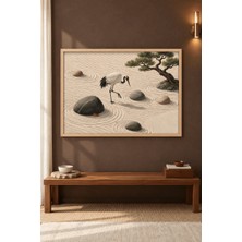 Tontilika Zen Bahçesinde Turna Bonsai ve Taşlar Ahşap Çerçeveli Duvar Tablosu