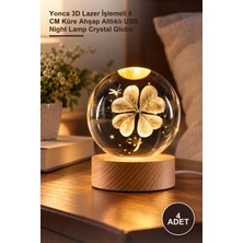 Yenilig 4 Adet Kristal Cam Küre Gece Lambası – Yonca 3D Lazer Işlemeli 6 cm Küre Ahşap Altlıklı USB Night Lamp Crystal Globe