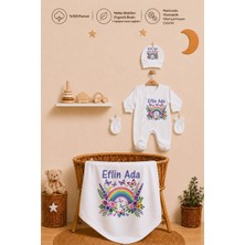 Pia Baby Kız Bebek Hastane Çıkışı 4’lü Tulum Seti %100 Pamuk Kişiye Özel Isim Baskılı Battaniyeli