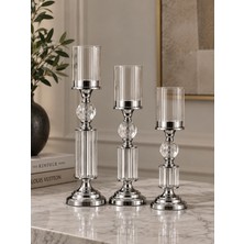 Csg Kristal ve Cam Detaylı Metal Şamdan Krom