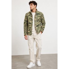 Bizim Terzi Krem Yeşil Kamuflaj Polar 3 Cepli Tam Fermuarlı Slim Fit Anti Pilling Tüylenme Yapmaz. Hava Geçirmez