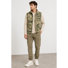 Bizim Terzi Krem Yeşil Kamuflaj Polar Yelek 3 Cepli Tam Fermuarlı Slim Fit Anti Pilling Tüylenme Yapmaz. Hava Geçirmez