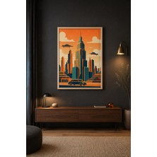 Tontilika Retro Şehir Gün Batımında Skyline Ahşap Çerçeveli Duvar Tablosu