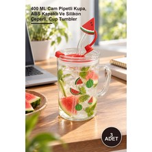 Yenilig 3 Adet Karpuz Tasarımlı Kupa Bardak – 400 ml Cam Pipetli Kupa, Abs Kapaklı ve Silikon Çeperli, Cup Tumbler