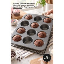 Yenilig 10 Adet Muffin Cupcake Kalıbı – 12 Gözlü Yapışmaz Metal Kalıp, Ağır Çelik Tasarım, Metal Alet Uyumlu Muffin Tray Cupcake Pan