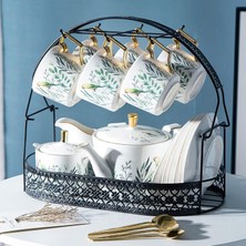 Vintage Çay Fincanı ve Tabağı Seti, 6'li Set, Papağan ve Yeşil Bitki Desenli Seramik Çay Seti, Krema, Kase ve Metal Stand Dahildir
