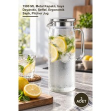 Yenilig 3 Adet Borosilikat Cam Sürahi – 1500 ml Metal Kapaklı, Isıya Dayanıklı, Şeffaf, Ergonomik Saplı, Pitcher Jug