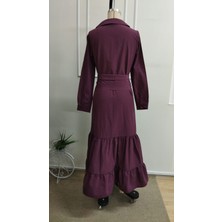 Trend Metkar Kadın Uzun Kollu Eteği Fırfırlı Beli Kuşaklı Trikoton Tam Boy Gömlek Elbise