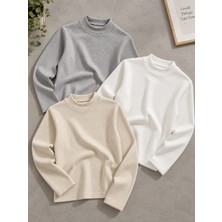Babido Çocuk Unisex 3'lü Ribana Yarım Balıkçı Yaka Uzun Kollu Badi Seti Gri Ekru Beyaz 15-18 Yaş