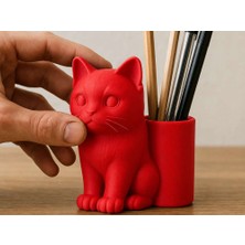Birsence 3D Baskı Kedi Figürlü Kalemlik - Masaüstü Organizer - Kırmızı