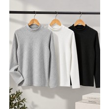 Babido Çocuk Unisex 3'lü Ribana Yarım Balıkçı Yaka Uzun Kollu Badi Seti Gri Siyah Beyaz 15-18 Yaş