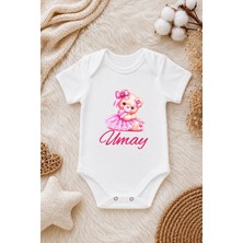 Perfect Mega Store Kız Bebek Kişiye Özel Isimli Zıbın – Pembe Elbiseli Sevimli Ayıcık Desenli Kısa Kollu Bebek Body