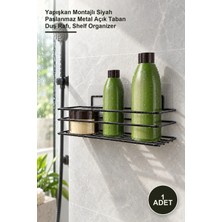 Yenilig 1 Adet Yapışkanlı Duş ve Banyo Rafı – Yapışkan Montajlı Siyah Paslanmaz Metal Açık Taban Duş Rafı, Shelf Organizer