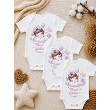 Perfect Mega Store Kişiye Özel Kız Bebek 3’lü Body Seti Sevimli Uyuyan Bebek Bulut Balon Temalı Isimli Zıbın