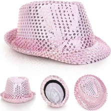Birsence Pembe Payetli Disco Parti Şapkası Yetişkin Işıltılı Fötr Model