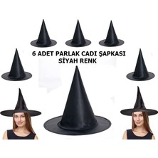 Birsence Siyah Renk Parlak Dralon Cadı Şapkası Yetişkin ve Çocuk Uyumlu 6 Adet