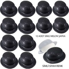Birsence Siyah Renk Simli Melon Yuvarlak Parti Şapkası 12 Adet