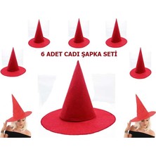 Birsence Kırmızı Renk Keçe Cadı Şapkası Yetişkin Çocuk Uyumlu 6 Adet