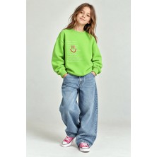 Balkabağı Gülen Yüz Fıstık Yeşili Kız Çocuk %100 Pamuk Oversize Sweatshirt(2-9yaş)