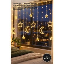 Yenilig 3 Adet Ay Yıldız Perde LED – Gün Işığı 12 Saçaklı Perde Işık Pencere Balkon Duvar Dekorasyonu Curtain Light