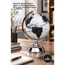 Yenilig 4 Adet Metal Ayaklı Siyah Beyaz Dünya Küresi – Masaüstü Dekor ve Eğitim Globe, 16 cm Krom Kaplama Metal Ayak, Siyah Beyaz Harita