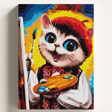 Sayılarla Boyama Tuval Hobi Seti, Ressam Kedi Temalı Fırça ve Boya Dahil Set (Çıtalı) 40X50 Cm, Kendin Yap Sayılarla Tuval Boya Kiti (Kasnaklı)