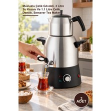 Yenilig 2 Adet Semaver Çay Makinesi – Musluklu Çelik Gövdeli, 3 Litre Su Kazanı ve 1.1 Litre Çelik Demlik, Semaver Tea Maker