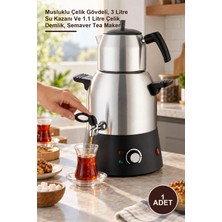 Yenilig 1 Adet Semaver Çay Makinesi – Musluklu Çelik Gövdeli, 3 Litre Su Kazanı ve 1.1 Litre Çelik Demlik, Semaver Tea Maker