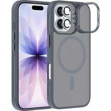 Store iPhone 17 ile Uyumlu Magsafe Wireless Şarj Özellikli Kamera Standlı Lüks Mat Silikon Kılıf [lens Koruyucu Hediyeli] (Gri, iPhone 17)