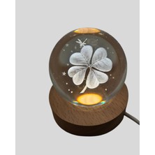 Store USB Bağlantılı Yonca Bitkili Cam Küre Ahşap Altlıklı Dekoratif Lamba