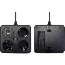 Store Akım Korumalı Anahtarlı Priz - 3x Priz - 2x USB - 2x Type-C - 2 mt Kablo Hızlı Şarj Özellikli Siyah