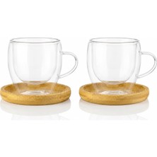 Store 2'li Çift Cidarlı Cam Kupa 90 ml & Bambu Tabak Seti – Isı Korumalı Şeffaf Cam Kahve Fincan Takımı