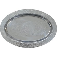 Store Paslanmaz Çelik Tepsi – 304 Kalite Krom Parlak Yüzey, Elde Tasarlanmış Desenli Geniş Servis ve Sunum Tepsisi (34 Cm)