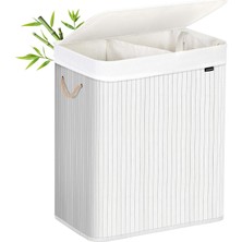 Store Bambudan Yapılmış Çamaşır Sepeti, 2 Bölmeli Çamaşır Kutusu, Kapaklı Çamaşır Ayırıcı ve Çıkarılabilir Çamaşır Torbası, Pamuklu Kulplar, 100 L Çamaşır Kutusu, Beyaz LCB64WT