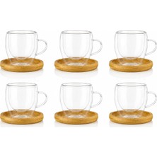 Store 6'lı Çift Cidarlı Cam Kupa & Bambu Tabak Seti – Espresso & Türk Kahvesi Fincan Takımı 90 ml