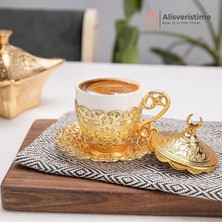 Store Hilal Motifli Türk Kahvesi Fincanı ve Tabağı – Zamak Gövde, Porselen Iç Kupa – Geleneksel Gelincik Model (Tekli) (Altın Sarısı)