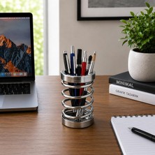 Store Metal Spiral Kalemlik, Paslanmaz Çelik Yay Tasarımlı Masaüstü Kalemlik, Gümüş Ofis Kalem Tutucu, Modern Masa Düzenleyici Organizer, 12 cm