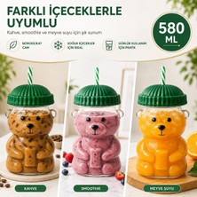 Store Ayıcıklı Cam Bardak 580 ml - Pipetli Kapaklı Borosilikat Içecek Bardağı - Soğuk Kahve Smoothie Limonata Su Için Sevimli Ayı Tasarım - Hediye Kupa Dekoratif Sunum - Yeşil