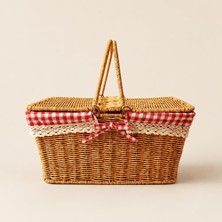 Store Hasır Piknik Sepeti, Kırmızı Ekoseli ve Dantelli Kapaklı Taşıma Sepeti, 39X27X18 cm Ahşap Görünümlü Piknik Çantası, Kahvaltı, Kamp, Bahçe ve Outdoor Kullanım Için
