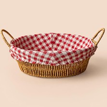 Store Hasır Ekmek Sepeti, Kulplu Kumaş Astarlı Servis ve Kahvaltı Sepeti, Kırmızı Beyaz Ekose Kumaş, Yuvarlak