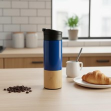 Store 450 ml Bambu Kaplamalı Çelik Termos - Siyah, Mavi ve Kırmızı Renk Seçenekli Sızdırmaz Isı Yalıtımlı Seyahat Termosu (Mavi)